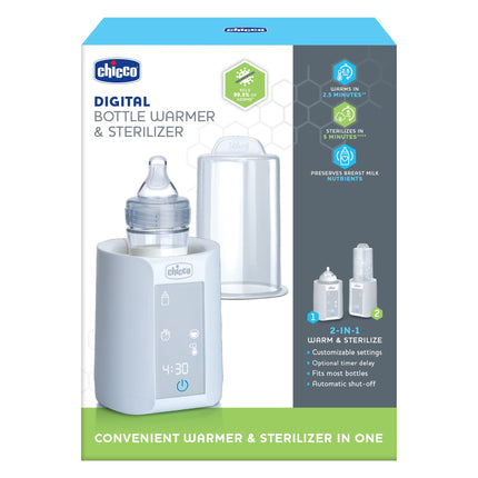 Calienta biberones y esterilizador digital Chicco para biberones, potitos y bolsas de leche | Elimina el 99.9% de los gérmenes | 4 opciones de calentamiento | Pantalla táctil digital | Apagado automático y alerta sonora
