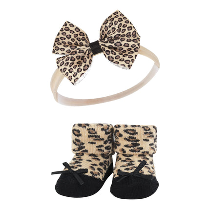 Hudson Baby Girl's Headband and Socks Giftset, Red Leopard, One Size