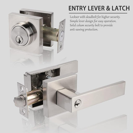 Exterior Door Lock Set With Deadbolt, Front Handle, Single Cylinder, Keyed Alike Heavy Duty Entry Handles Locksets (Satin Nickel, 2 Pack)