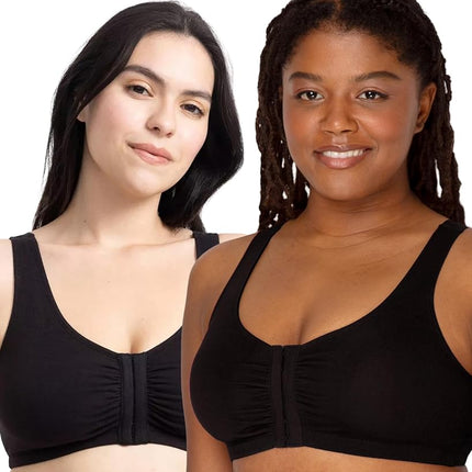 Fruit of the Loom Women's Front Close Sports Bra - Cotton Blend, Easy Fit & Built-up Support, Black, 48