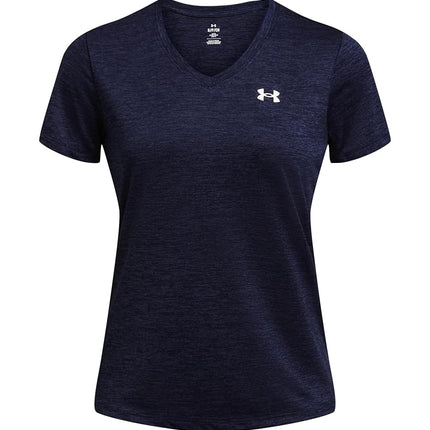 Under Armour Women's Tech Short Sleeve V-Neck Twist, Comfortable Women's T-Shirt, Versatile Gym Top for Sports, Training and Casual Wear,Midnight Navy / / White,MD
