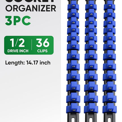 ALOANES 3 PC ABS Socket Organizer, 1/2 inch, Drive Socket Rail Holders, Heavy Duty Socket Racks, Black Rails with Blue Clips