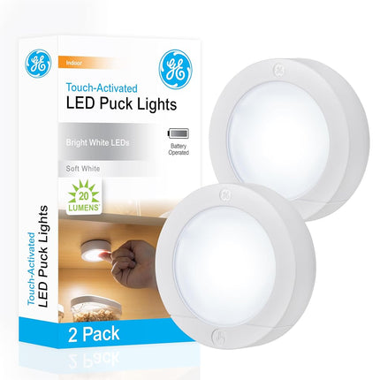 GE, Wireless, Battery Operated, 20 Lumens, Touch Activated On/Off, Bright White, Ideal for Closets, Cabinets, Attic, Garage and More, 25434, 2 Pack, LED Puck Lights, 2 Count