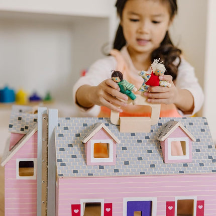 Melissa & Doug Fold and Go Wooden Dollhouse With 2 Dolls and Wooden Furniture Portable Small Dollhouse for Kids Ages 3+