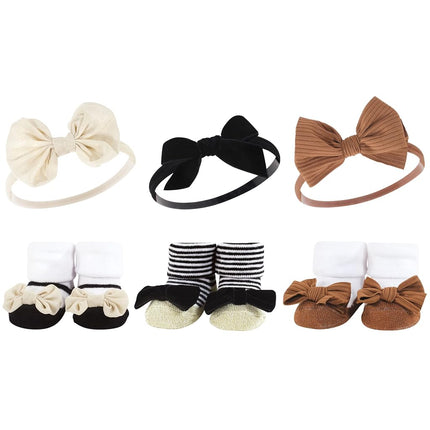 Hudson Baby Girl's Headband and Socks Giftset, Black Stripe Neutrals, One Size
