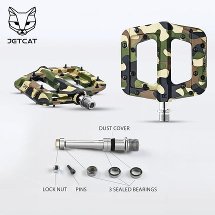 JETCAT Mountain Bike Pedals Flat - MTB Pedals Flat, Bicycle Pedals for BMX/MTN/Road/Gravel/EBike, BMX Pedals, Platform Pedals, Adults & Kids Bike Replacement - Camouflage 9/16