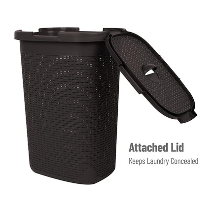 Mind Reader Basket Collection, Slim Laundry Hamper, 60 Liter (15kg/33lbs) Capacity, Cut Out Handles, Attached Hinged Lid, Ventilated, 17.65"L x 13.75"W x 24.15"H, Brown