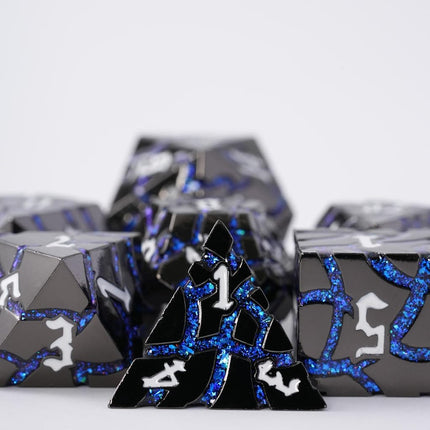 Metal Dice for DND - Ancient Cracked - Black Blue Glitter Cracks
