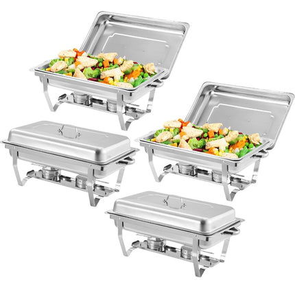 Juego de bufé Chafing Dish de 4 unidades, bandejas y calentadores de bufé de acero inoxidable de 8 cuartos con tapa y estructura plegable, bandejas rectangulares para fiestas, bodas y eventos de catering, plateado