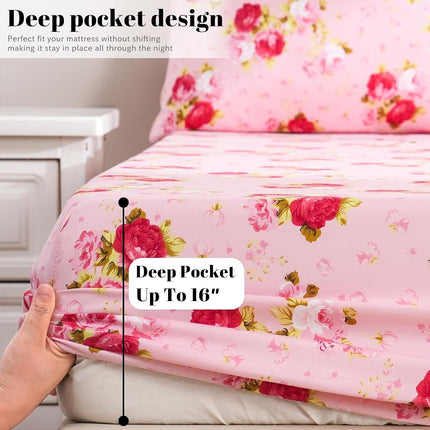 Bedlifes Rose Floral Sheet Set Luxury Ultra Soft Wrinkle-Free Hypoallergenic Pattern Printed Bed Sheets Deep Pocket Flat Sheet& Fitted Sheet& Pillowcase 100% Microfiber 3 Piece Twin Pink Flowers
