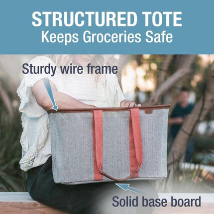 CleverMade Collapsible LUXE Tote, Rose Herringbone - 30L (8 Gal) Structured Tote Bag with Handles and Reinforced Bottom - Reusable Grocery Bag, Shopping Bag, Utility Tote Bag