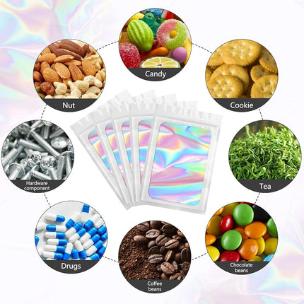 FUNFERY 100 pcs Smell Proof Mylar Bags Holographic Packaging Bags, Clear Window Resealable Odor Foil Pouch Ziplock for Food Storage (White, 6.3 x 9.4 Inch)