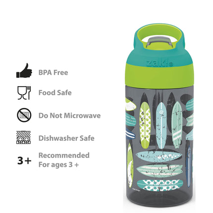 Zak Designs Botella de agua para niños de 473 ml con diseño de tablas de surf y palmeras de Riverside Beach Life, con pajita y asa de transporte integrada, de plástico duradero, diseño a prueba de fugas para viajes, 2 unidades (paquete de 1)