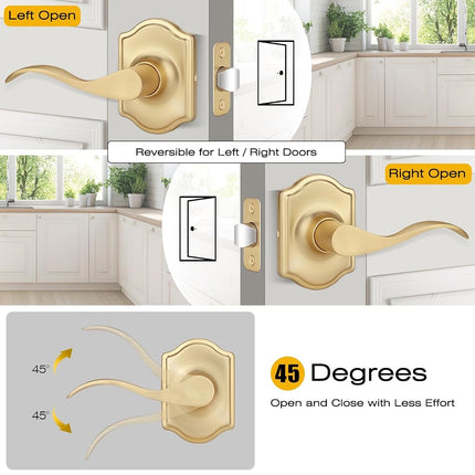 EHOMEWARE 1 Pack Interior Gold Door Handles, Keyless Closet Door Knobs, Passage Door Knobs No Lock, Wave Style Lever Door Handle, Reversible for Left/Right Handed Doors, Satin Brass Finish