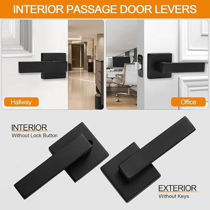 5 Pack Passage Door Handles Matte Black Door Knobs, Interior Door Knobs Square Heavy Duty Non-Locking Handlesets Hall Closet Handles, Reversible for Right & Left Sided Doors