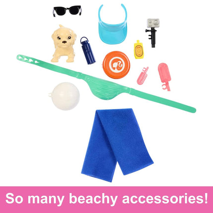 Ken Doll with Surfboard and Pet Puppy, Poseable Blonde Barbie Ken Beach Doll with Themed Accessories like Towel, HPT50