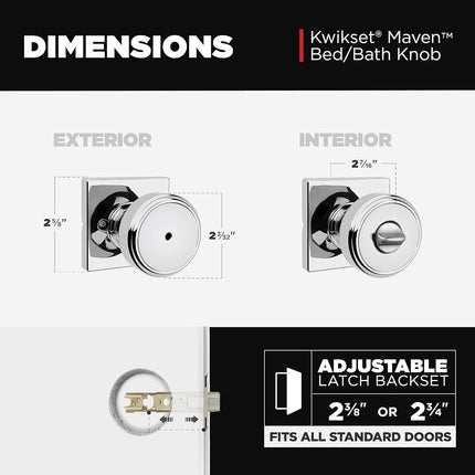 Kwikset Maven Interior Privacy Door Knob with Lock, Square Door Handle for Bathroom and Bedroom, Polished Chrome Keyless Turn Lock Doorknob, with Microban Protection