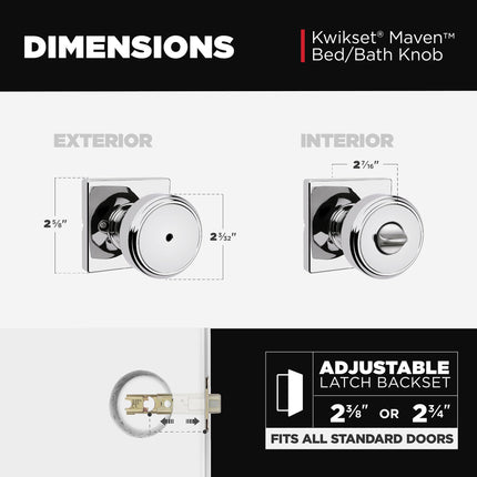 Kwikset Maven Interior Privacy Door Knob with Lock, Square Door Handle for Bathroom and Bedroom, Polished Chrome Keyless Turn Lock Doorknob, with Microban Protection