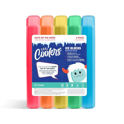Fit & Fresh Cool Coolers, 5 Pack Days of The Week Ice Blocks, Compact Reusable Ice Packs for Lunch Boxes & Coolers, Multi Colored