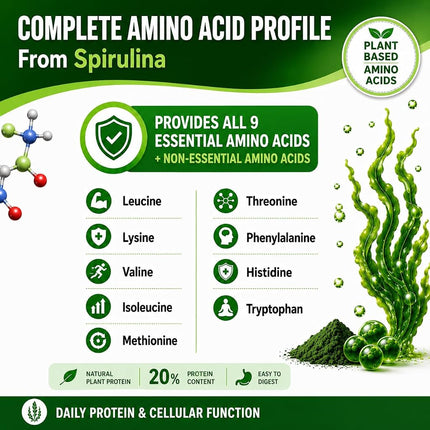Spirulina Powder Capsules 3000 mg - Purest Non-Irradiated Blue Green Algae - Best Raw Vegan Protein - Green Superfood - Natural Multivitamins – 180 Pills Made in the USA