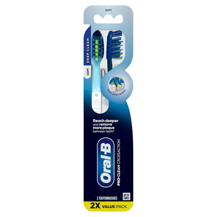 Oral-B Pro Health CrossAction Plaque Removal toothbrushes, 2 Count Toothbrush Soft, Deep Reach in Tight Spaces, Tongue Scraper Tooth Brush, Plaque Fighter, Gentle on Teeth, Gum stimulators