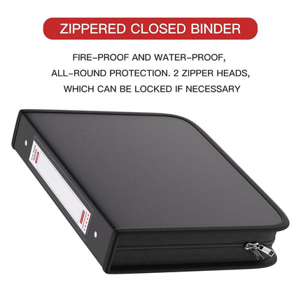 ZOOPIP Fireproof 3 Ring Binder with Zipper, 2.5 Inch D Rings Hold up 650 Sheets of 8.5" x 11" (A4), Compatible with Clear Page Protectors, Built-in net and Pen Holder (1 Pcs, Black, 2.5")