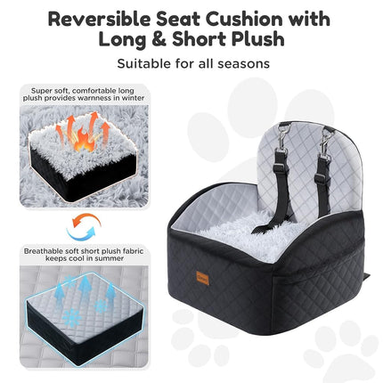 Gimars Reversible Dog Car Seat with Long & Short Plush Seat Cushion for Small/Medium Dogs Up to 18kg, Detachable Washable Anti-Slip Dog Booster Seat with15cm 28D Egg-Crate Foam, Safety Belt, S