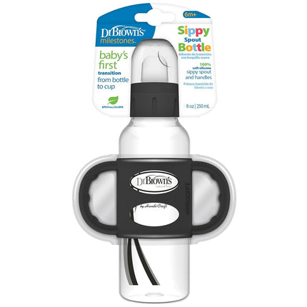 Dr. Brown's Milestones Narrow Sippy Spout Bottle with 100% Silicone Handles, Easy-Grip Handles with Soft Sippy Spout, 8oz/250mL, Black, 1-Pack, 6m+