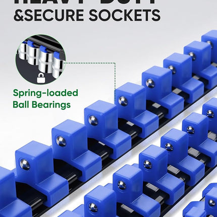 ALOANES 3 PC ABS Socket Organizer, 1/2 inch, Drive Socket Rail Holders, Heavy Duty Socket Racks, Black Rails with Blue Clips