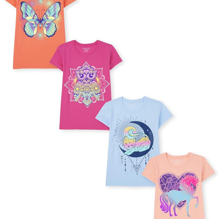 The Children's Place Girls' Animal Short Sleeve Graphic T-Shirts, Multipack, Owl/Butterfly/Unicorn/Cat, X-Large
