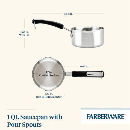 Farberware Brilliance Casserole en acier inoxydable avec becs verseurs latéraux pour verser facilement, compatible lave-vaisselle et induction, 0,9 litre, acier inoxydable