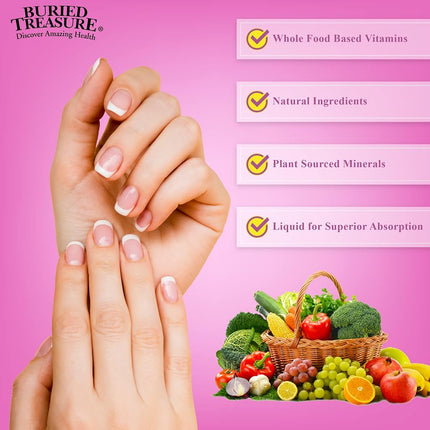 Cabello, Piel y Uñas Buried Treasure con MSM Biotina Aloe Vera más Vitaminas y Minerales en un Complejo Líquido de Alimentos Integrales de Alta Potencia para un Cabello Más Abundante, Uñas Más Fuertes y Piel Más Clara 16 oz