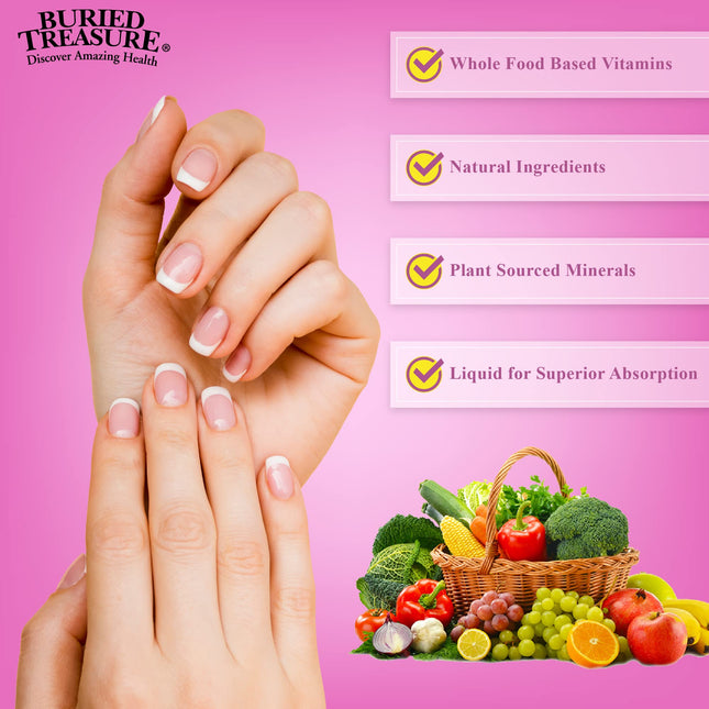 Trésor Enfoui Cheveux, Peau et Ongles avec MSM Biotine Aloès Véra et Vitamines et Minéraux dans un Complexe Liquide d'Aliments Complets Haute Puissance pour des Cheveux plus Denses, des Ongles plus Forts et une Peau plus Nette 473 ml