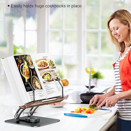 Tounee Book Stand for Reading, Adjustable Book Holder with 360° Swivel Base, Foldable Cookbook Stand Recipe Book Holder with Elastic Page Clips for Music Scores, Recipe, Magazines, Laptop