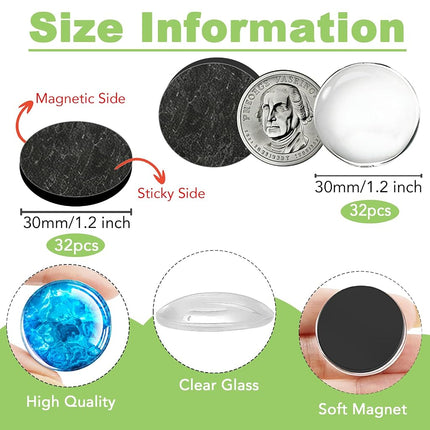 65pcs 1.2 Inch DIY Fridge Glass Magnets Craft Set Include 1.2“ Paper Punch,Craft Magnet with Adhesive Backing and Clear Glass Cabochons for Refrigerator (32 Sets,1.2 in/30mm, Round)