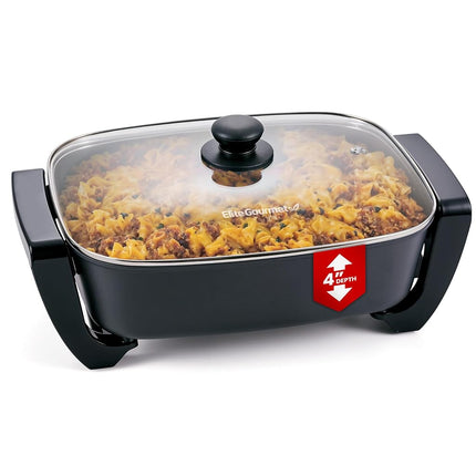 Elite Gourmet EG2615 15" x 12" x 4� Electric Skillet, Durable Xtra Deep Dish, PFAS Free Ceralast� Ceramic Non-stick, 1500W Rapid Heat, Tempered Glass Vented Lid, Dishwasher Safe, 12.5 Qt., Black/Gray