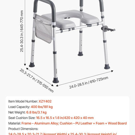 VEVOR Raised Toilet Seat with Arms, 181 kg Load Capacity, Adjustable Height and Width, Commode Cushion Padded Elevated Toilet Seat Riser with Handles for Seniors, Elderly, Handicap, Disabled, Adults