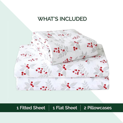 Elegant Comfort Ultra Soft 4-Piece 100% Turkish Cotton Flannel Sheet Set - Holiday Christmas Flannel Sheets, Warm and Cozy Premium Quality, Deep Pocket Fitted Sheet- Twin XL, Holly Flower