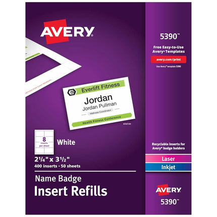 Avery Name Badge Inserts, Print or Write, 2-1/4 Inch x 3-1/2 Inch, 400 Card Stock Refills (5390), White