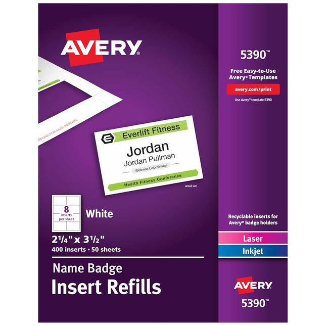 Avery Name Badge Inserts, Print or Write, 2-1/4 Inch x 3-1/2 Inch, 400 Card Stock Refills (5390), White