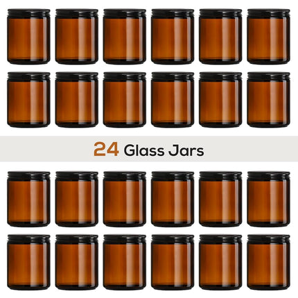 24 Pack 8oz Amber Glass Jars with Black Lids - For Candle Making, Food Storage, Canning, Spices, Liquids - Leakproof & Dishwasher Safe