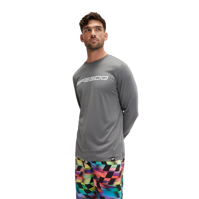 Speedo Unisex's Long Sleeve Graphic Swim Shirt, Stacked Logo Anthracite, Large