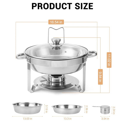 Calentadores de comida para buffet, juego de 2, 5 cuartos, de acero inoxidable, redondos, con tapa de cristal y soporte para la tapa, para fiestas, reuniones, eventos, banquetes de boda, color plateado