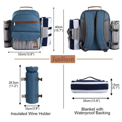 Sunflora Picnic Backpack for 4 Person, Picnic Basket Set (Blue & Stripe)