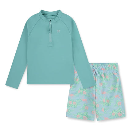 Hurley Boys' and Toddler Long Sleeve Rash Guard Swim Suit 2-Piece Outfit Set, Green/Flamingo, 6 Months