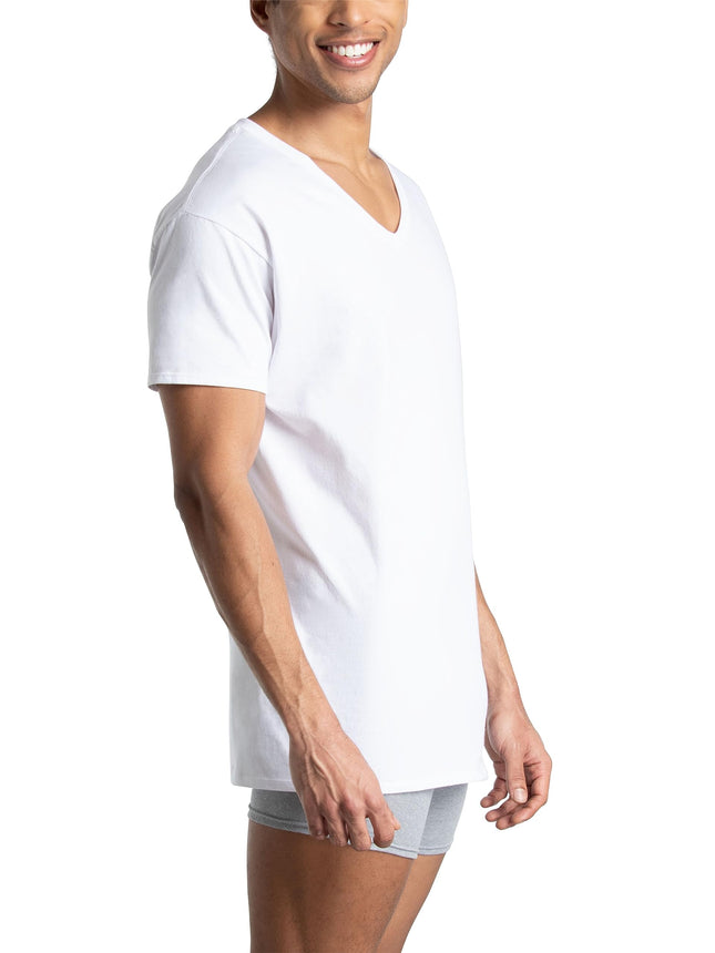 Fruit of the Loom Men's Eversoft Cotton Stay Tucked V-Neck T-Shirt Base Layer Top, Regular-White-6 Pack, 3XL (Pack of 6)