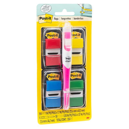 Post-it Flags Value Pack with Free Flag+ Pen, Assorted Primary Colors, 1-Inch Wide, 50/Dispenser, 4-Dispensers