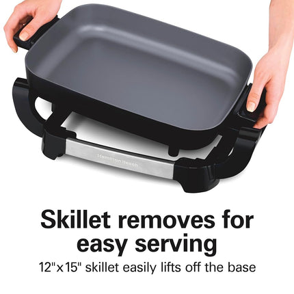 Hamilton Beach Electric Skillet with PFAS-Free Durathon Ceramic Coating, Removable 12x15� Pan, Adjustable Temperature, Reversible Design, Tempered Glass Lid, Black Nonstick Surface (38531)