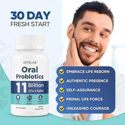 VeteLab Oral Probiotics for Mouth Bad Breath - 11 Billion CFU Chewable Probiotics for Teeth & Gums, Dry Mouth, Gum Restore, Fresh Breath, Chronic Halitosis & Gut Health, 60 Lozenges