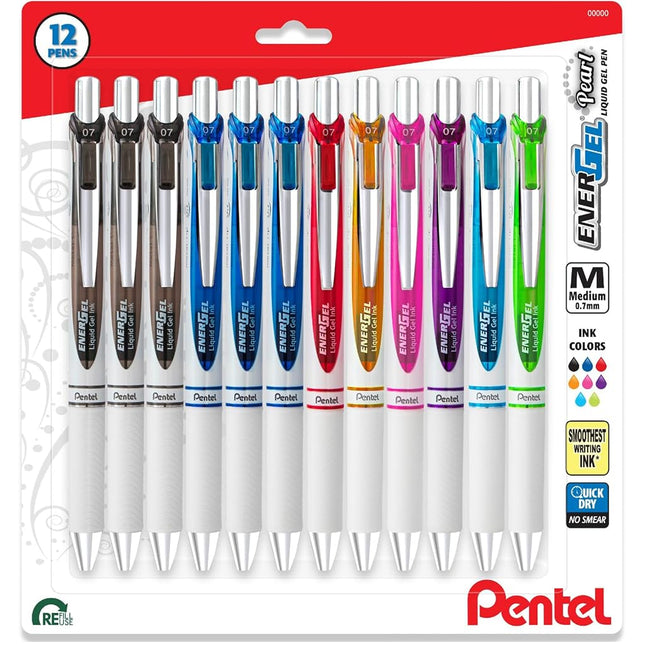 Pentel Energel Pearl Medium Point, 0.7mm Pens - Retractable, Metal Tip Pens in Assorted Colors, Pack of 12